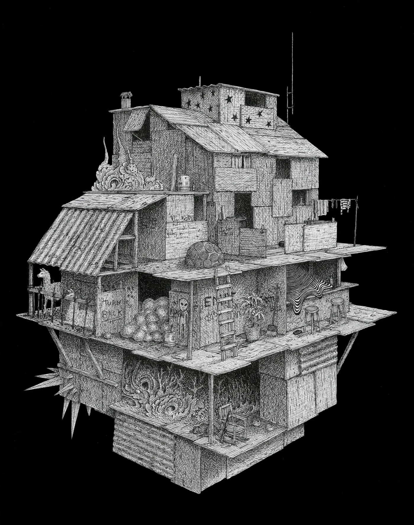 Shanty Spaceship (2016) - ink drawing by Ben Tolman