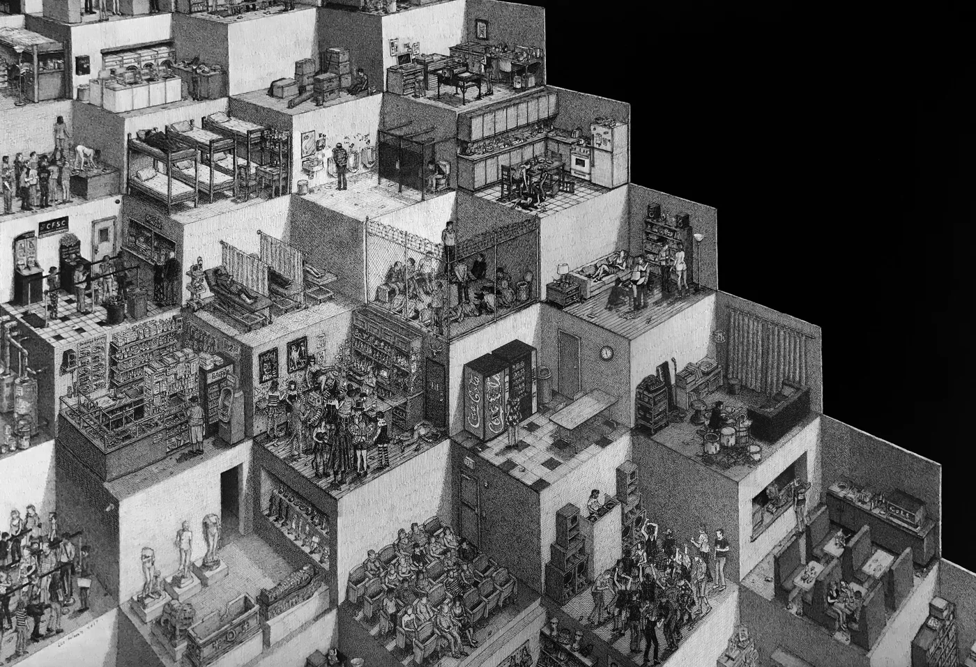 Rooms (2017) - ink drawing by Ben Tolman