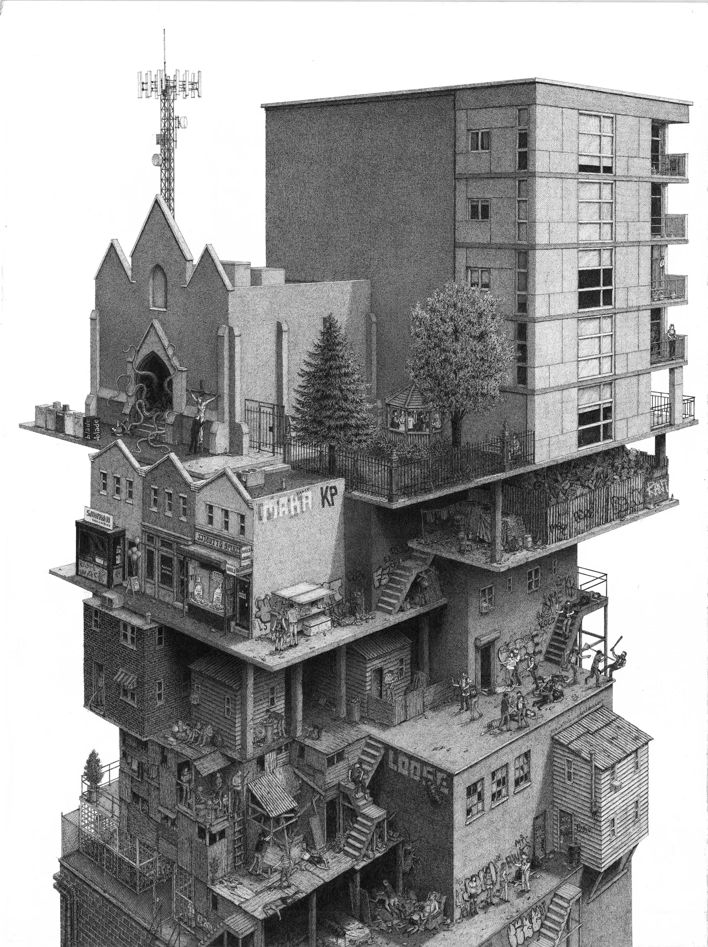Tower 300 (2019) - ink drawing by Ben Tolman